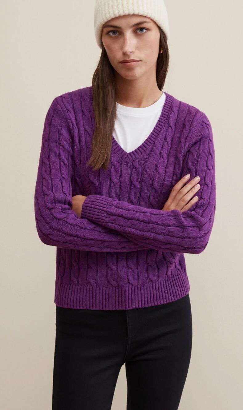 Piombo Purple Cable Knit V-Neck Pullover Sweater size Large